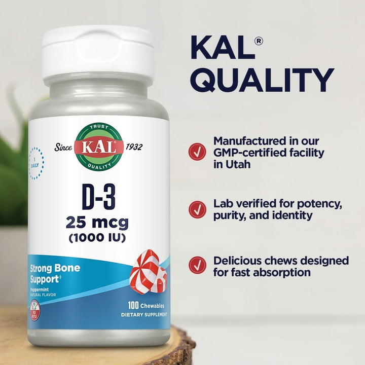 KAL Vitamin D3 1000 IU 25 mcg, Vitamin D Chewables, Calcium Absorption, Bone Health and Immune Support Supplement, Natural Peppermint Flavor, Sweetened with Xylitol, 100 Servings, 100 Chews - The Oasis of Health