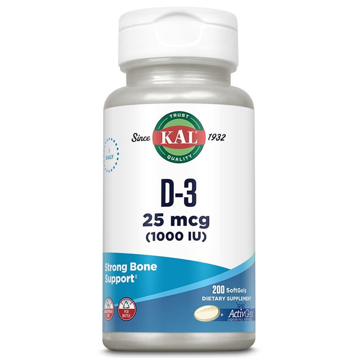 KAL Vitamin D3 1000 IU Softgels (25 mcg), 200 Softgels - The Oasis of Health