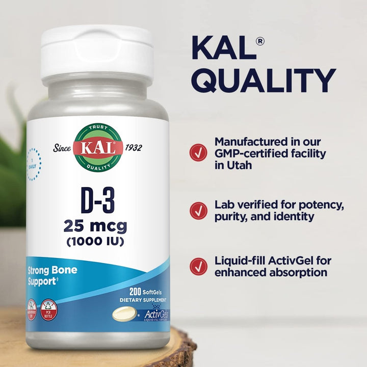 KAL Vitamin D3 1000 IU Softgels (25 mcg), 200 Softgels - The Oasis of Health