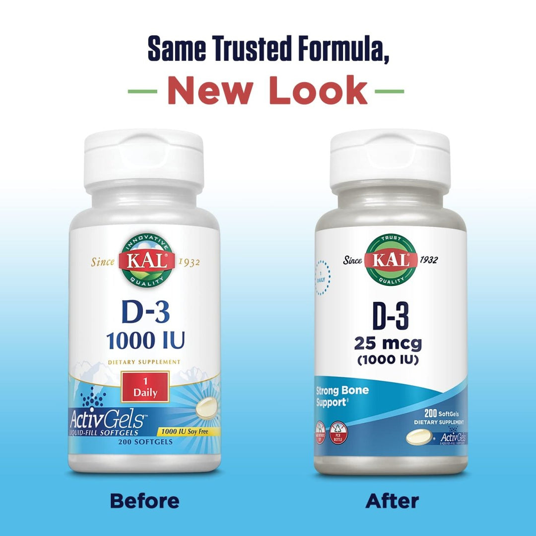 KAL Vitamin D3 1000 IU Softgels (25 mcg), 200 Softgels - The Oasis of Health