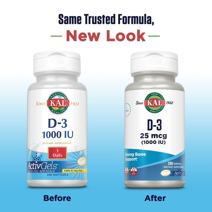 KAL Vitamin D3 1000 IU Softgels (25 mcg), 200 Softgels - The Oasis of Health