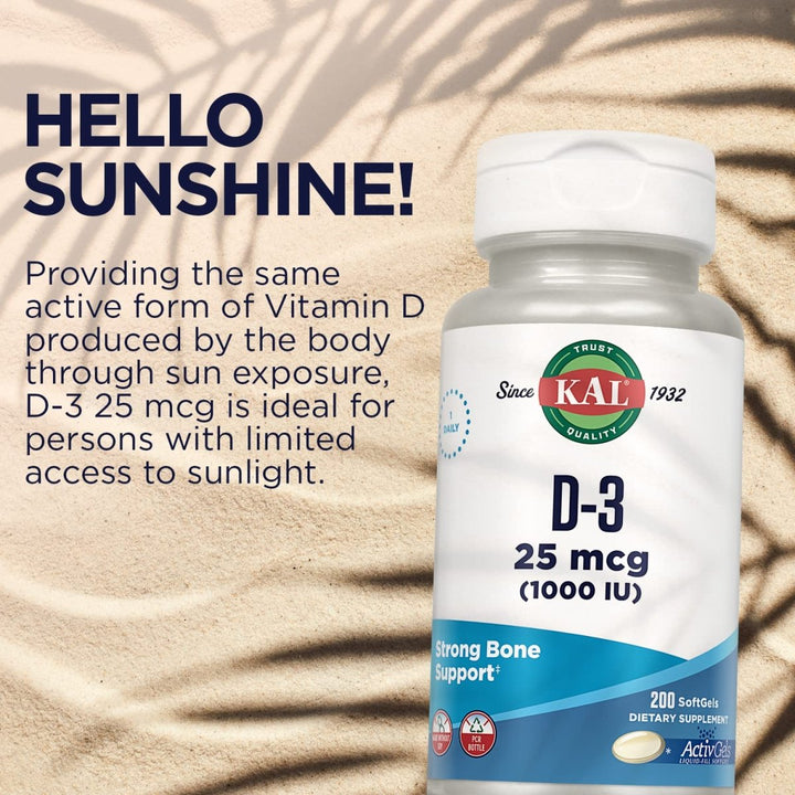 KAL Vitamin D3 1000 IU Softgels (25 mcg), 200 Softgels - The Oasis of Health