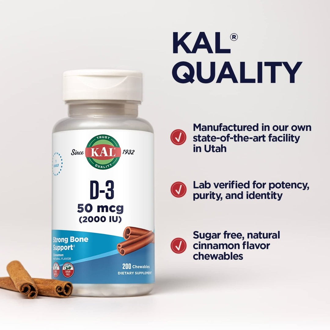 KAL Vitamin D3 Chewables 50 mcg, Vitamin D 2000 IU as Cholecalciferol, 200 Chewables 49864 - The Oasis of Health