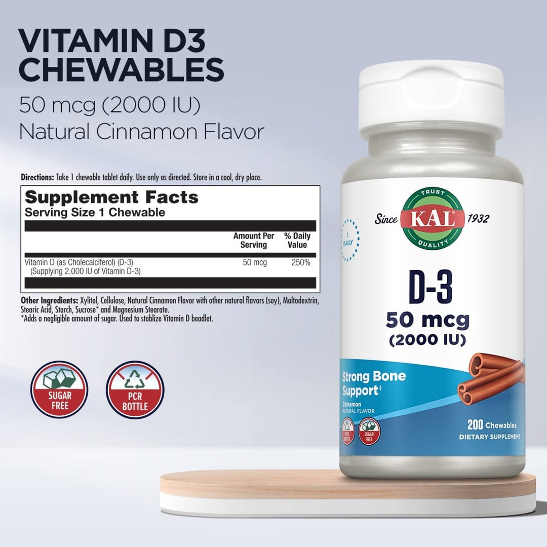 KAL Vitamin D3 Chewables 50 mcg, Vitamin D 2000 IU as Cholecalciferol, 200 Chewables 49864 - The Oasis of Health