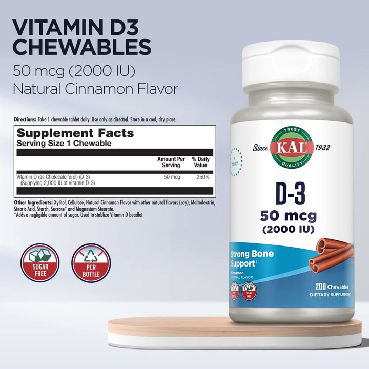 KAL Vitamin D3 Chewables 50 mcg, Vitamin D 2000 IU as Cholecalciferol, 200 Chewables 49864 - The Oasis of Health
