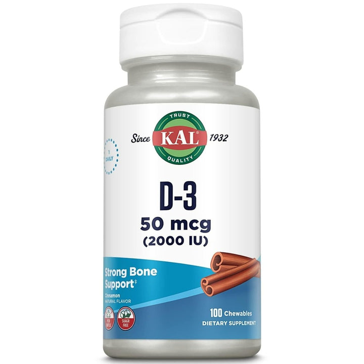 KAL Vitamin D3 Chewables 50 mcg, Vitamin D 2000 IU as Cholecalciferol, Sugar Free, Natural Cinnamon Flavor D3 Vitamin, Immune Support & Bone Health, 100 Servings, 100 Chewables - The Oasis of Health