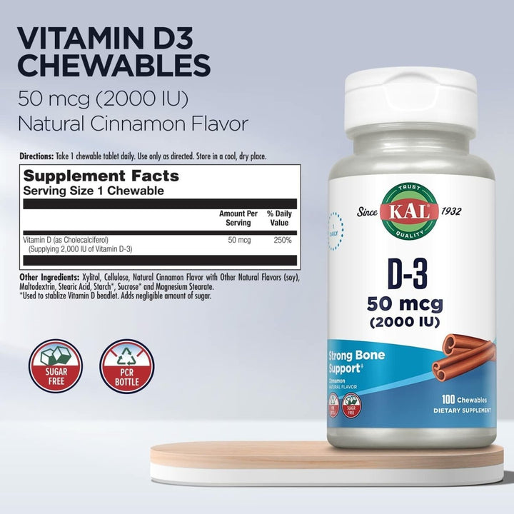 KAL Vitamin D3 Chewables 50 mcg, Vitamin D 2000 IU as Cholecalciferol, Sugar Free, Natural Cinnamon Flavor D3 Vitamin, Immune Support & Bone Health, 100 Servings, 100 Chewables - The Oasis of Health