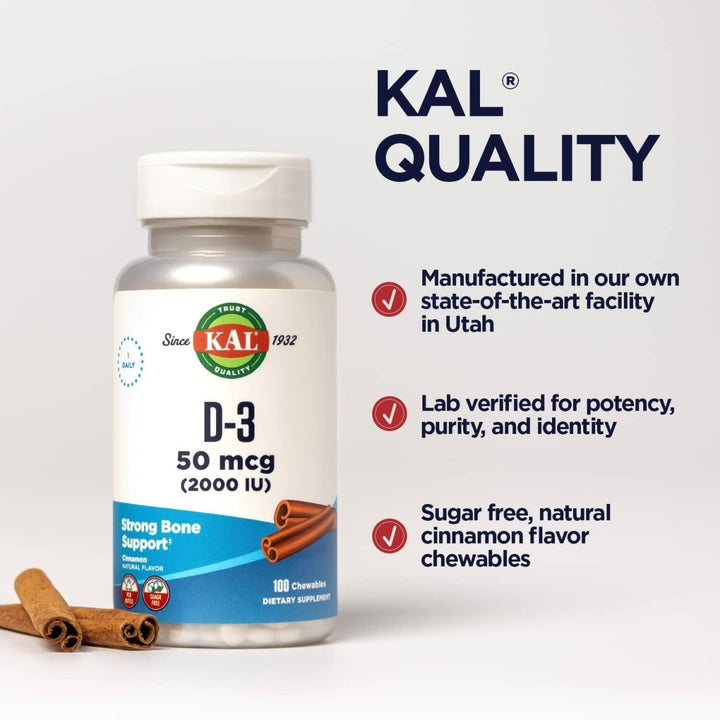 KAL Vitamin D3 Chewables 50 mcg, Vitamin D 2000 IU as Cholecalciferol, Sugar Free, Natural Cinnamon Flavor D3 Vitamin, Immune Support & Bone Health, 100 Servings, 100 Chewables - The Oasis of Health