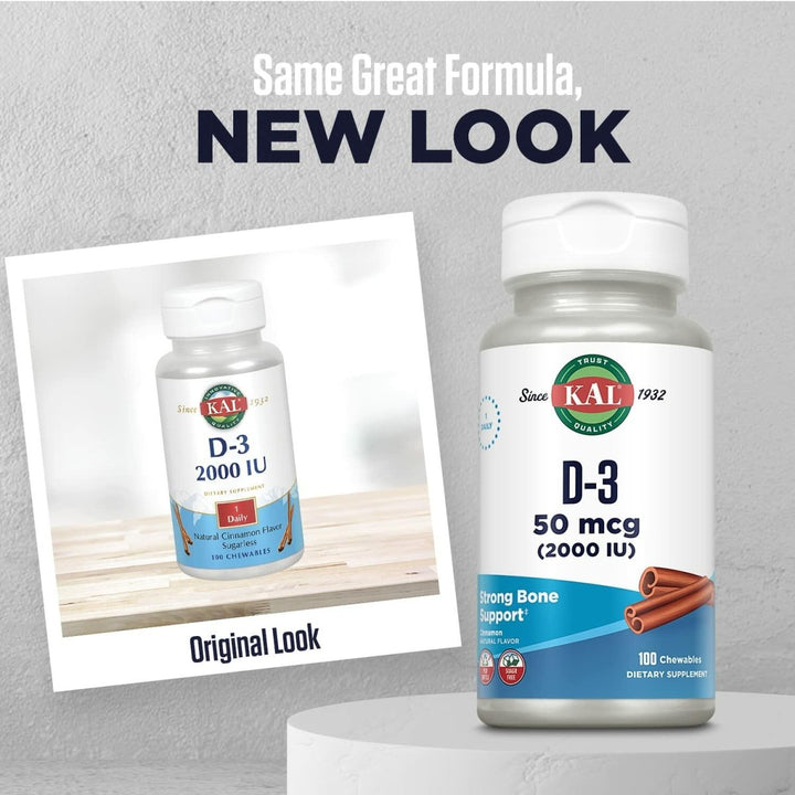 KAL Vitamin D3 Chewables 50 mcg, Vitamin D 2000 IU as Cholecalciferol, Sugar Free, Natural Cinnamon Flavor D3 Vitamin, Immune Support & Bone Health, 100 Servings, 100 Chewables - The Oasis of Health