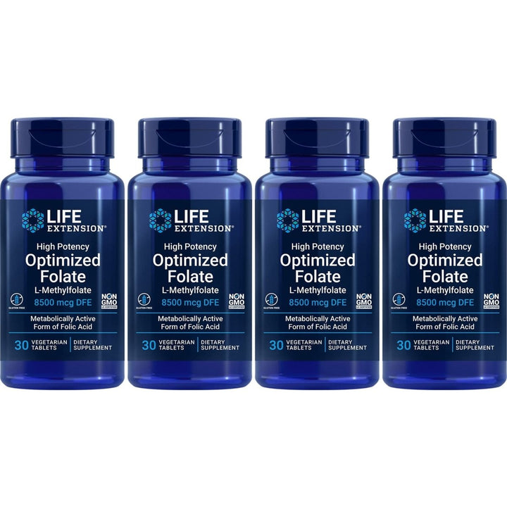 Life Extension High Potency Optimized Folate 8500 mcg DFE, 30 Vegetarian Tablets (Pack of 4) - The Oasis of Health