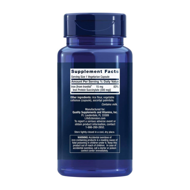 Life Extension Iron Protein Plus, Iron Protein succinylate, absorbable Iron Supplement for Whole - Body Health, Non - GMO, Gluten - Free, Vegetarian, 100 Capsules - The Oasis of Health