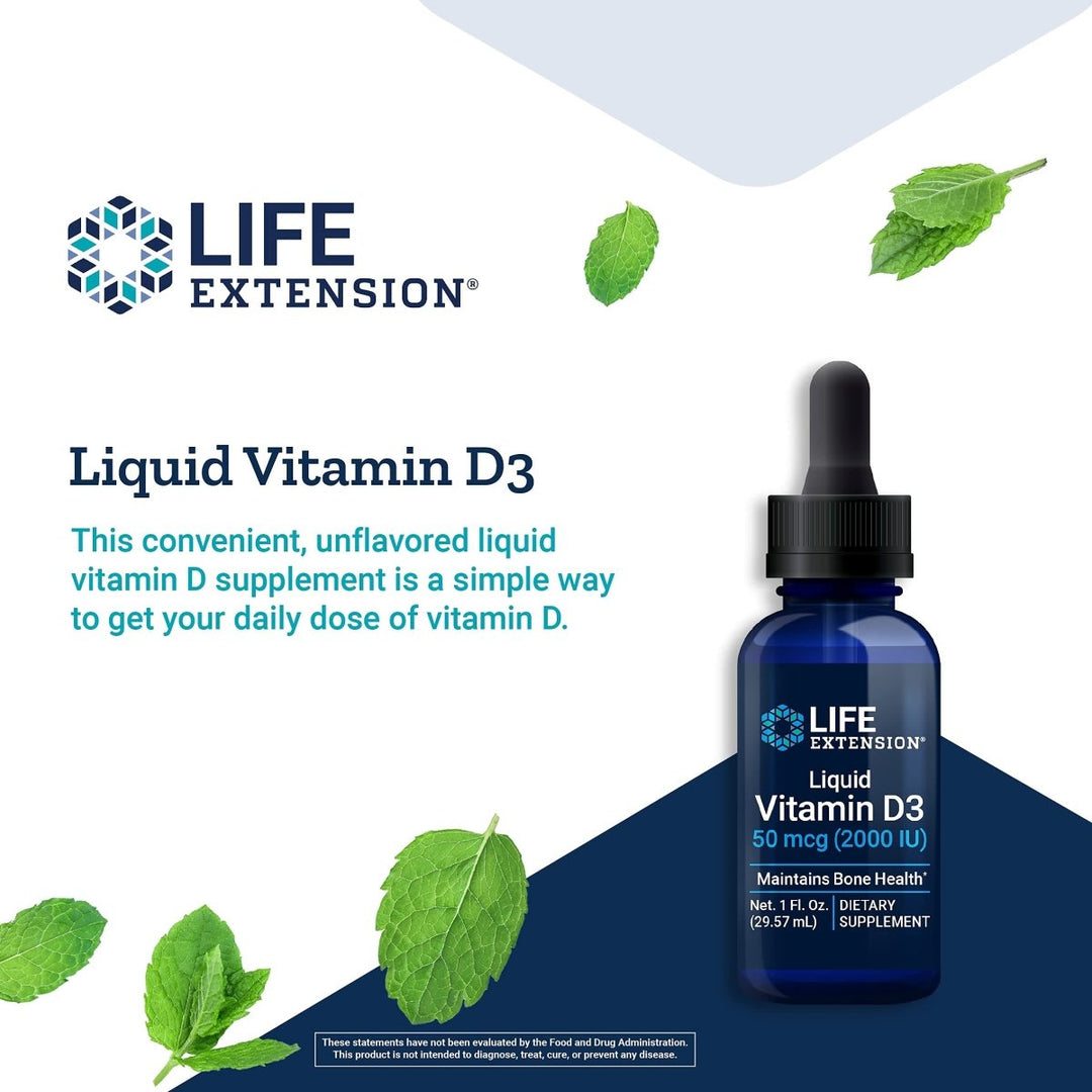 Life Extension Liquid Vitamin D3 50mcg(2000IU) - Vitamin D Supplement Unflavored Drops for Immune Support, Bone and Heart Health ? Gluten - Free, Non - GMO ? Net 1 fl. Oz. (29.57mL) - 850 Servings - The Oasis of Health
