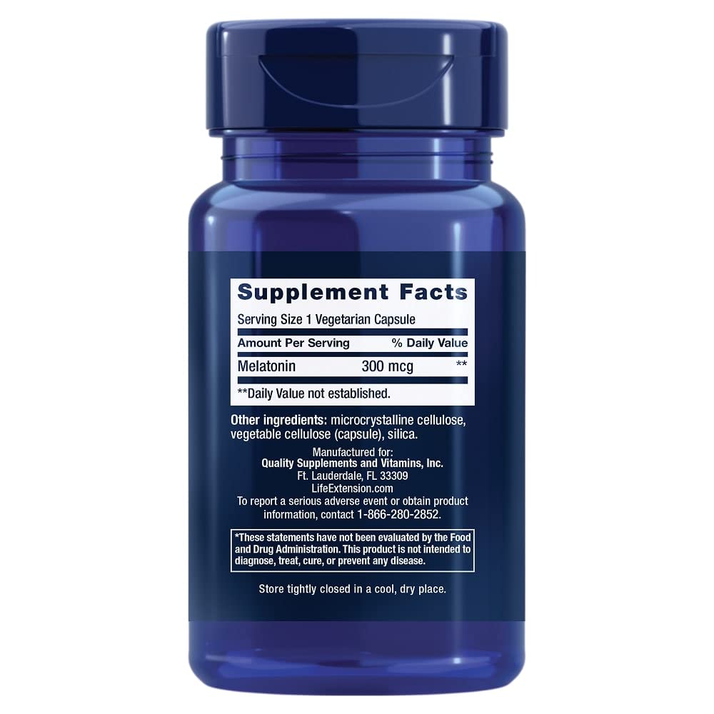 Life Extension Melatonin, 300 mcg, gentle sleep support, healthy circadian rhythms, cellular defense, gluten - free, non - GMO, vegetarian, 100 capsules - The Oasis of Health