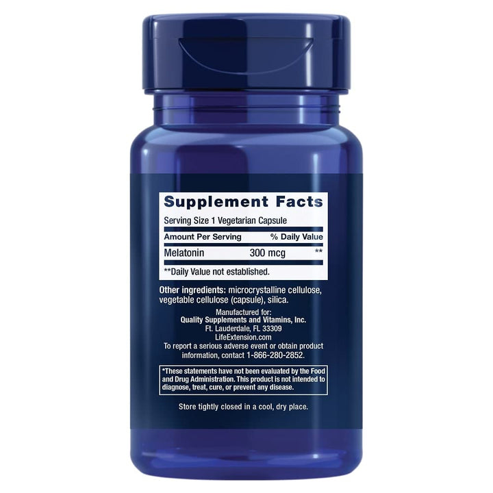 Life Extension Melatonin, 300 mcg, gentle sleep support, healthy circadian rhythms, cellular defense, gluten - free, non - GMO, vegetarian, 100 capsules - The Oasis of Health