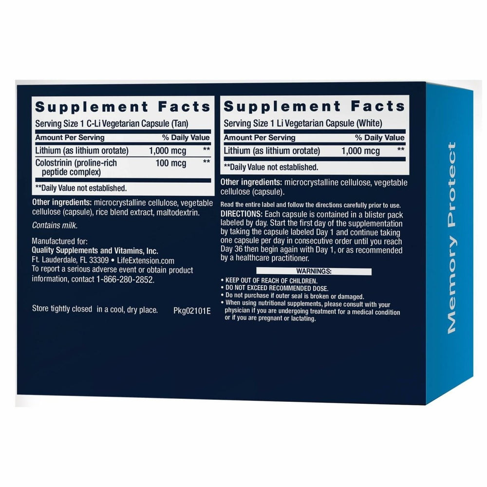 Life Extension Memory Protect, Lithium, colostrinin Milk peptides, Memory and Cognitive Health Support, Gluten - Free, Non - GMO, 12 colostrinin - Lithium (C - Li) Capsules, 24 Lithium (Li) Capsules - The Oasis of Health