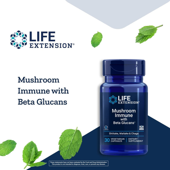 Life Extension - Mushroom Immune with Beta Glucans - 30 Vegetarian Capsules - The Oasis of Health