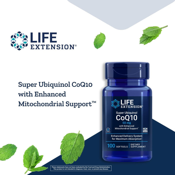Life Extension Super Ubiquinol CoQ10 50mg with Enhanced Mitochondrial Support 100 Softgels - The Oasis of Health