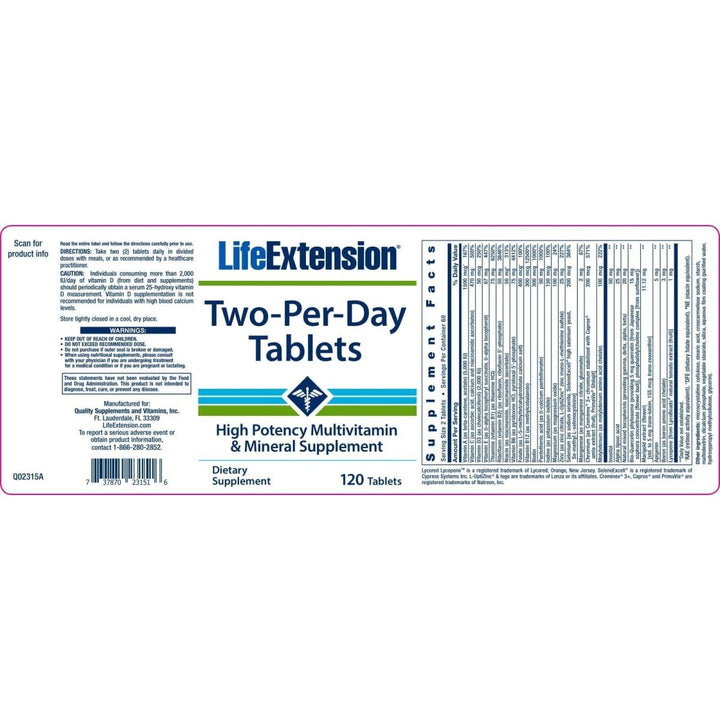 Life Extension Two - Per - Day Tablets Super - Potent Multivitamin & Mineral Supplement 120 Tablets - The Oasis of Health