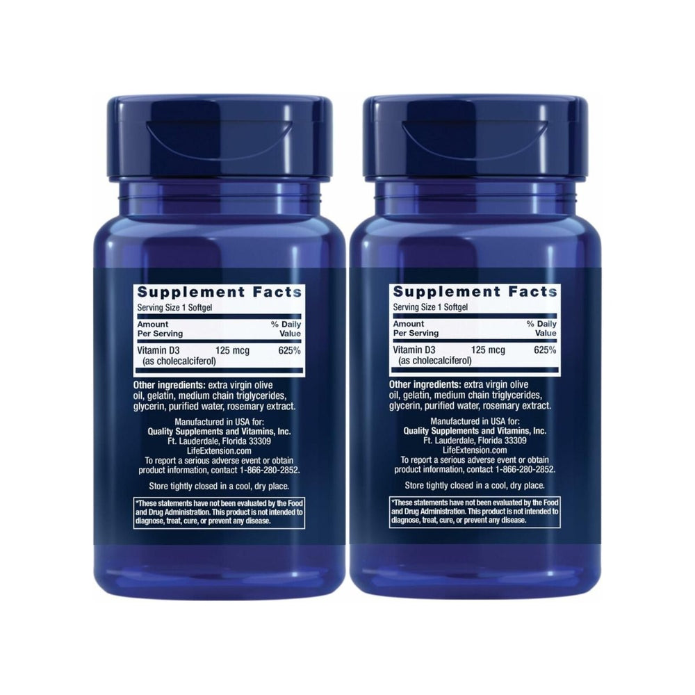 Life Extension Vitamin D3 125 Mcg (5000 Iu) – Promotes Bone Health, Brain Health and Immune Function – Non - GMO – Gluten - Free – Two Pack – 2 x 60 Softgels - The Oasis of Health