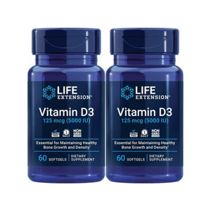 Life Extension Vitamin D3 125 Mcg (5000 Iu) – Promotes Bone Health, Brain Health and Immune Function – Non - GMO – Gluten - Free – Two Pack – 2 x 60 Softgels - The Oasis of Health
