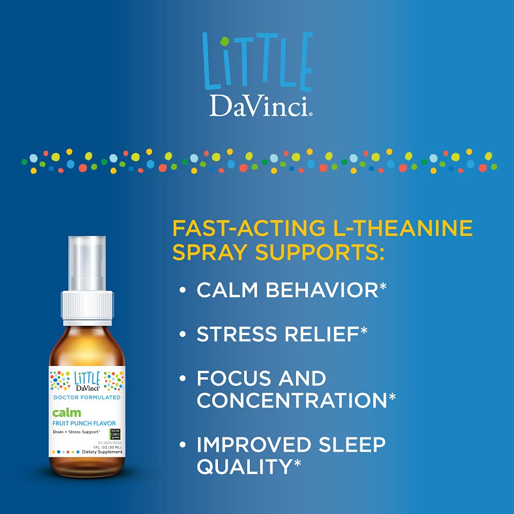Little DaVinci Calm - Calming Supplement for Kids* - Supports Relaxation, Focus and Alertness* - With Green Tea Leaf Extract and Stevia Leaf Extract - Fruit Punch Flavor - 30 ml - The Oasis of Health