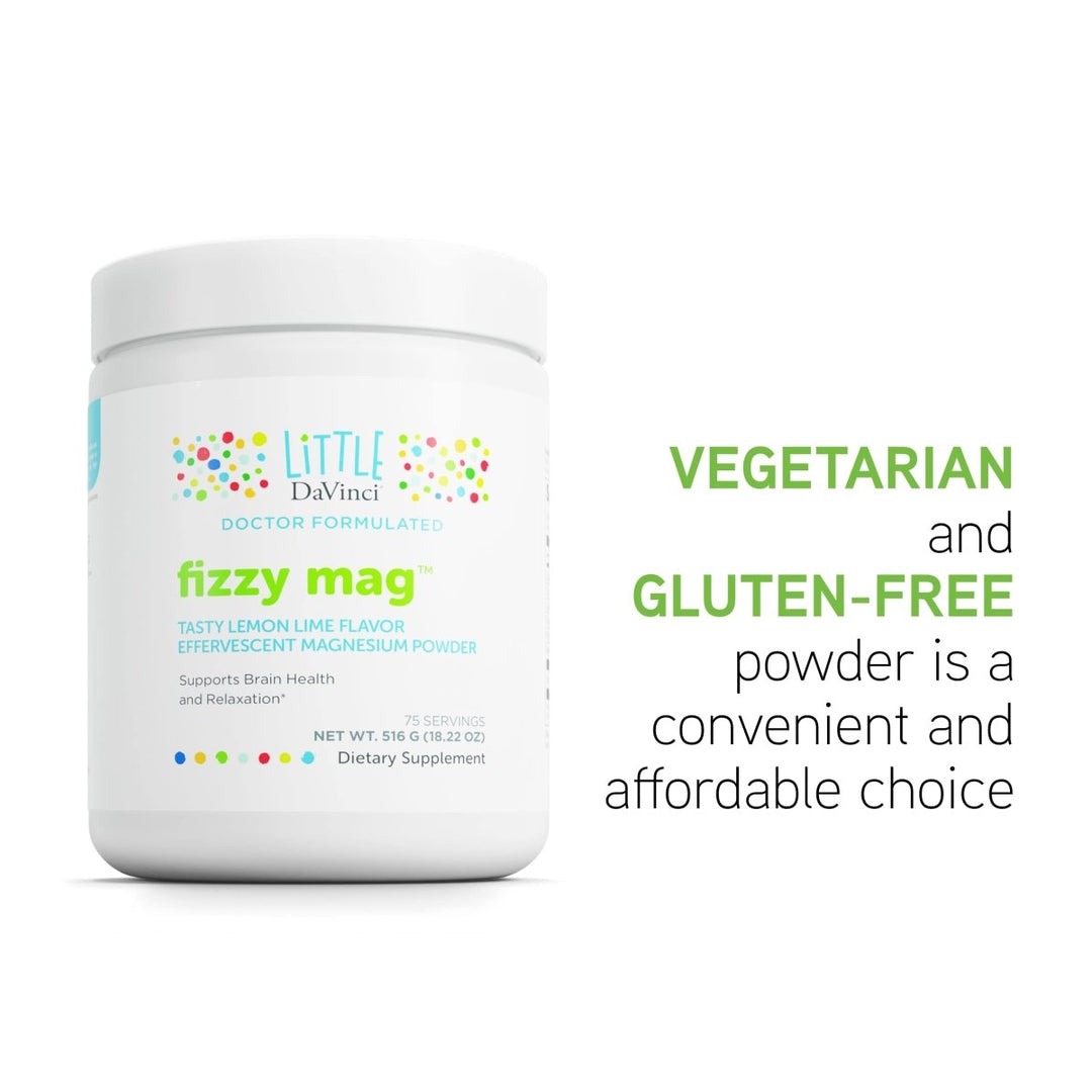 Little DaVinci Fizzy Mag - Effervescent Magnesium Supplement for Kids to Support Brain Health, Relaxation and Behavior* - with Calcium, Riboflavin, and More - Lemon Lime Flavor - 516 g, 75 Servings - The Oasis of Health