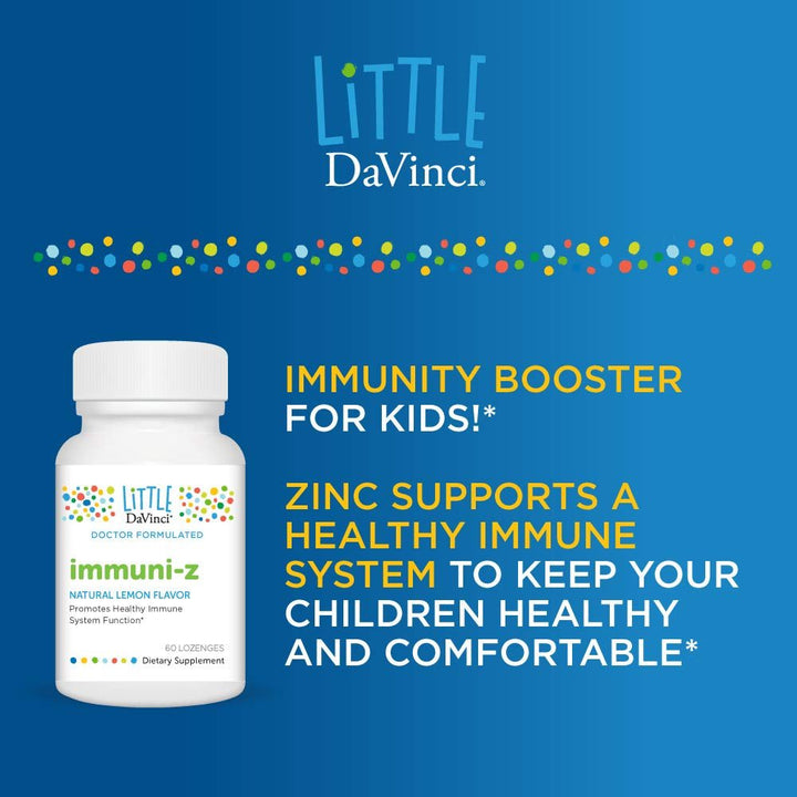 Little DaVinci Immuni - z - Kids Zinc Lozenge to Support Immune Health, Throat Tissue, Brain Health and Development, Sleep and Focus* - with Zinc Citrate and More - Lemon Flavor - 60 Lozenges - The Oasis of Health