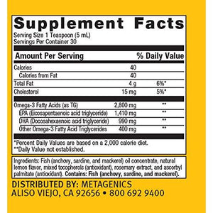 Metagenics OmegaGenics EPA DHA 2400 Liquid Omega 3 Fish Oil Daily Supplement to Help Support Cardiovascular Health and Immune Function - Lemon Flavor, 5 fl oz, 30 Servings - The Oasis of Health