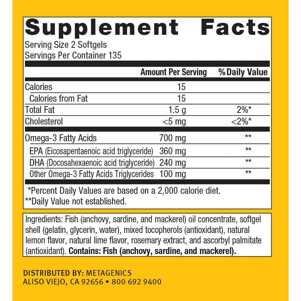 Metagenics OmegaGenics EPA - DHA 300mg - Daily Omega 3 Fish Oil Supplement to Support Cardiovascular, Musculoskeletal and Immune System Health - 270 Softgels - The Oasis of Health