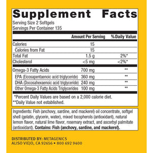 Metagenics OmegaGenics EPA - DHA 300mg - Daily Omega 3 Fish Oil Supplement to Support Cardiovascular, Musculoskeletal and Immune System Health - 270 Softgels - The Oasis of Health