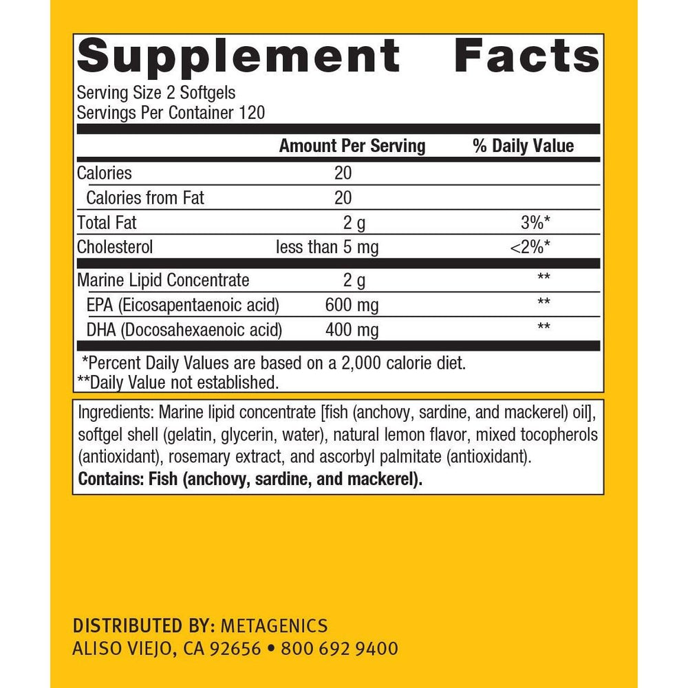 Metagenics OmegaGenics EPA DHA 500 Omega 3 Fish Oil Daily Supplement to Help Support Cardiovascular Health and Immune Function - Lemon Flavor, 240 Count - The Oasis of Health