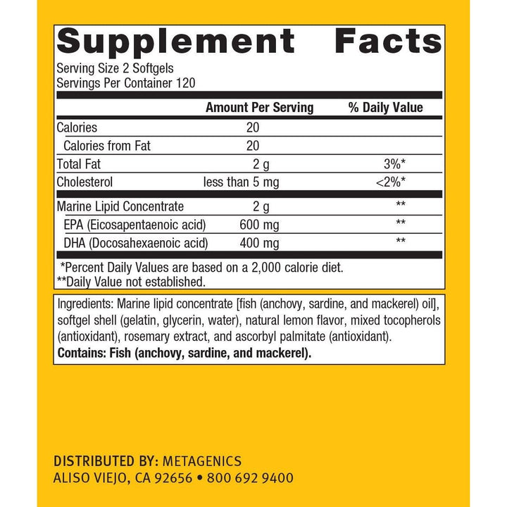 Metagenics OmegaGenics EPA DHA 500 Omega 3 Fish Oil Daily Supplement to Help Support Cardiovascular Health and Immune Function - Lemon Flavor, 240 Count - The Oasis of Health