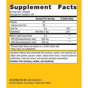 Metagenics OmegaGenics EPA DHA 500 Omega 3 Fish Oil Daily Supplement to Help Support Cardiovascular Health and Immune Function - Lemon Flavor, 240 Count - The Oasis of Health