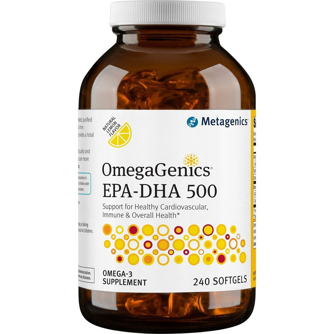 Metagenics OmegaGenics EPA DHA 500 Omega 3 Fish Oil Daily Supplement to Help Support Cardiovascular Health and Immune Function - Lemon Flavor, 240 Count - The Oasis of Health