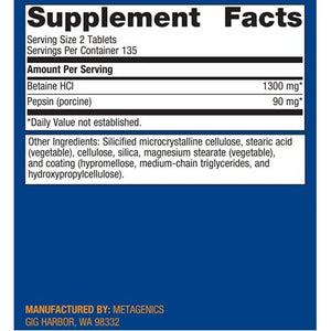 Metagenics SpectraZyme Metagest Supplement with Betaine HCL and Pepsin to Help Stomach Acid Support - 90 Tablets - The Oasis of Health