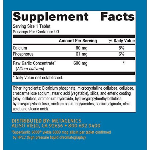 Metagenics SuperGarlic 6000, Concentrated Garlic Supplement, 6000 mcg Allicin Per Tablet to Help Support Healthy Triglycerides - 90 Count - The Oasis of Health