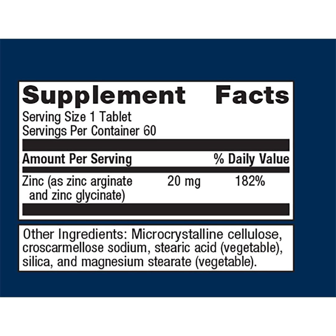 Metagenics Zinc AG, Highly Absorbable GI Friendly 20 mg Zinc Arginate and Zinc Glycinate Supplement - 60 Tablets - The Oasis of Health