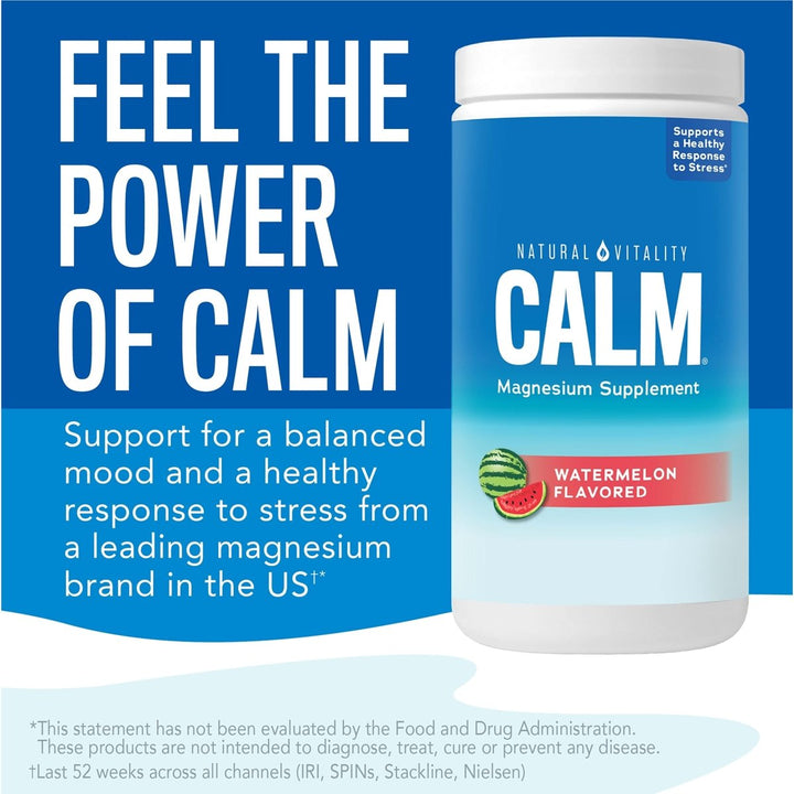 Natural Vitality Calm, Magnesium Supplement, Anti - Stress Drink Mix Powder, Gluten Free, Vegan, &amp; Non - GMO, Watermelon, 16 oz - The Oasis of Health