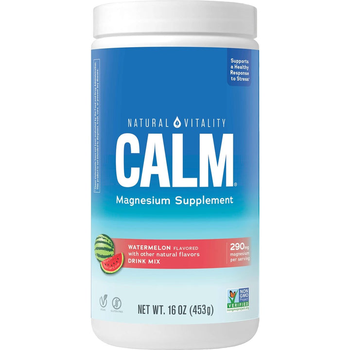 Natural Vitality Calm, Magnesium Supplement, Anti - Stress Drink Mix Powder, Gluten Free, Vegan, &amp; Non - GMO, Watermelon, 16 oz - The Oasis of Health