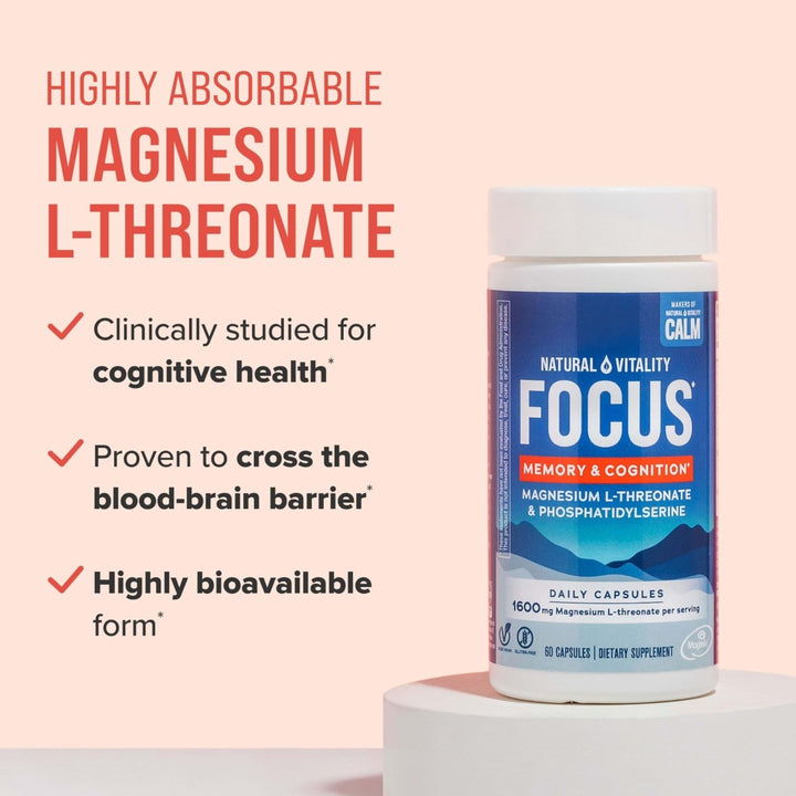 Natural Vitality Focus, Magnesium L - Threonate and Phosphatidylserine Nootropic Brain Supplements for Memory, Focus, and Cognition, Gluten Free, Vegetarian, 60 Capsules - The Oasis of Health