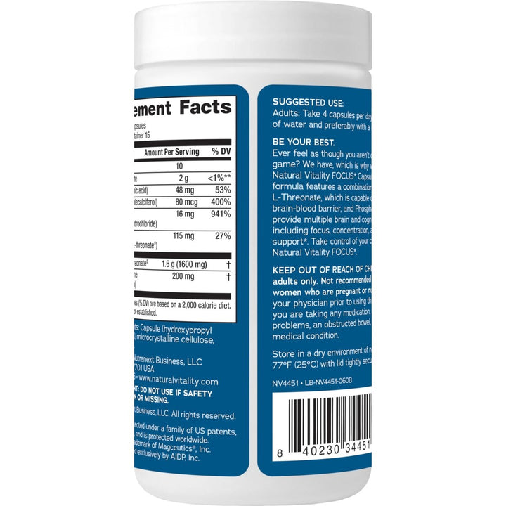 Natural Vitality Focus, Magnesium L - Threonate and Phosphatidylserine Nootropic Brain Supplements for Memory, Focus, and Cognition, Gluten Free, Vegetarian, 60 Capsules - The Oasis of Health