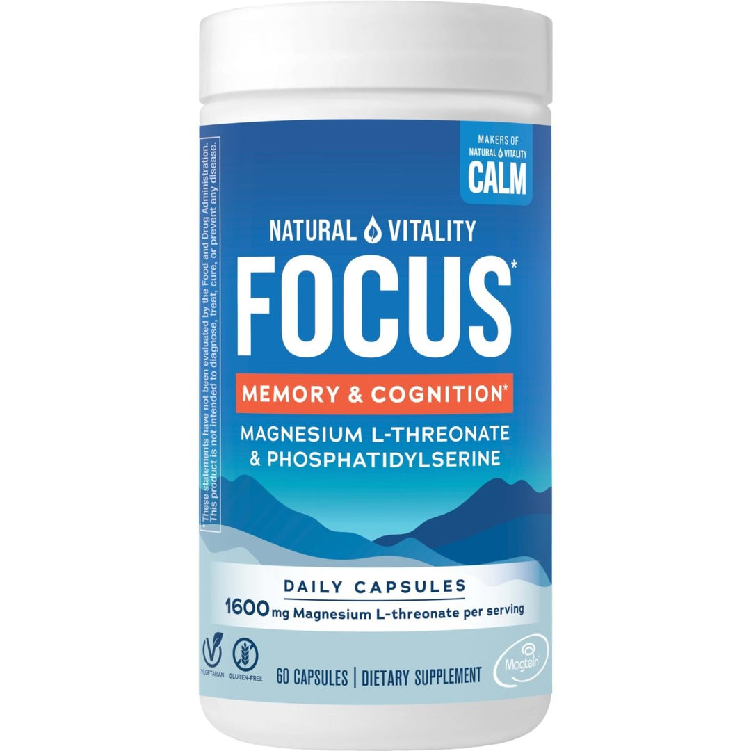 Natural Vitality Focus, Magnesium L - Threonate and Phosphatidylserine Nootropic Brain Supplements for Memory, Focus, and Cognition, Gluten Free, Vegetarian, 60 Capsules - The Oasis of Health