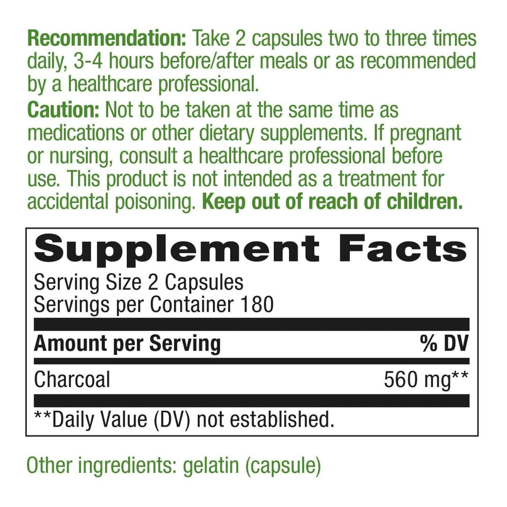 Nature's Way Activated Charcoal, Binds Unwanted Materials and Gas*, 560mg per Serving, 360 Capsules - The Oasis of Health