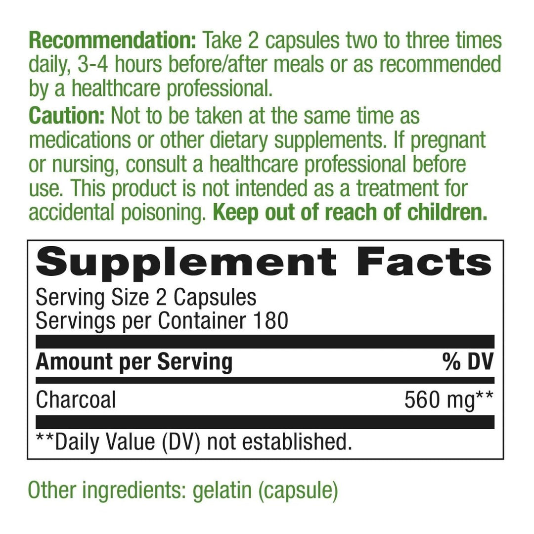 Nature's Way Activated Charcoal, Binds Unwanted Materials and Gas*, 560mg per Serving, 360 Capsules - The Oasis of Health