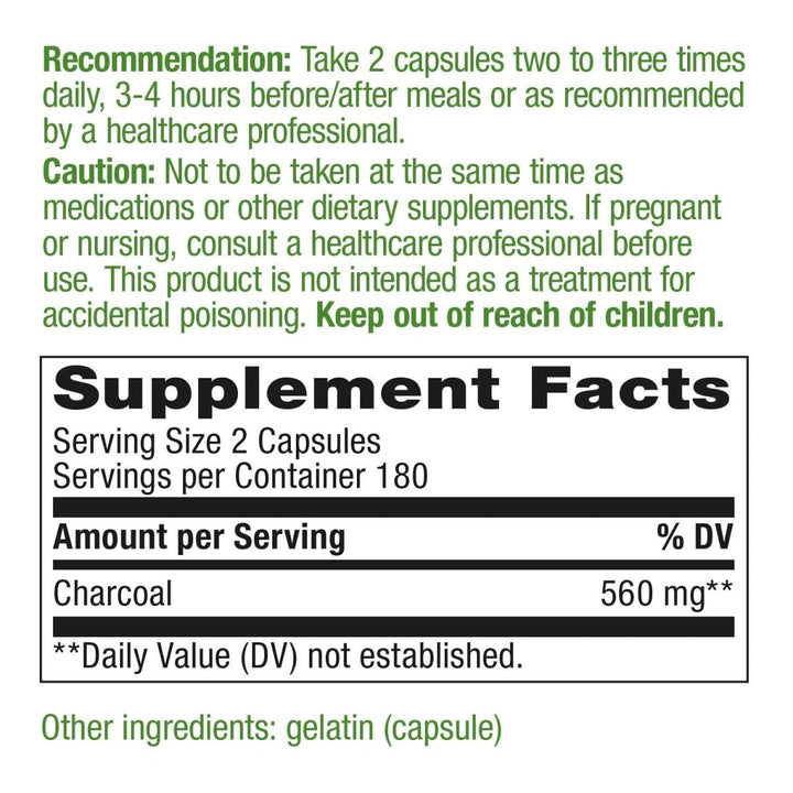 Nature's Way Activated Charcoal, Binds Unwanted Materials and Gas*, 560mg per Serving, 360 Capsules - The Oasis of Health
