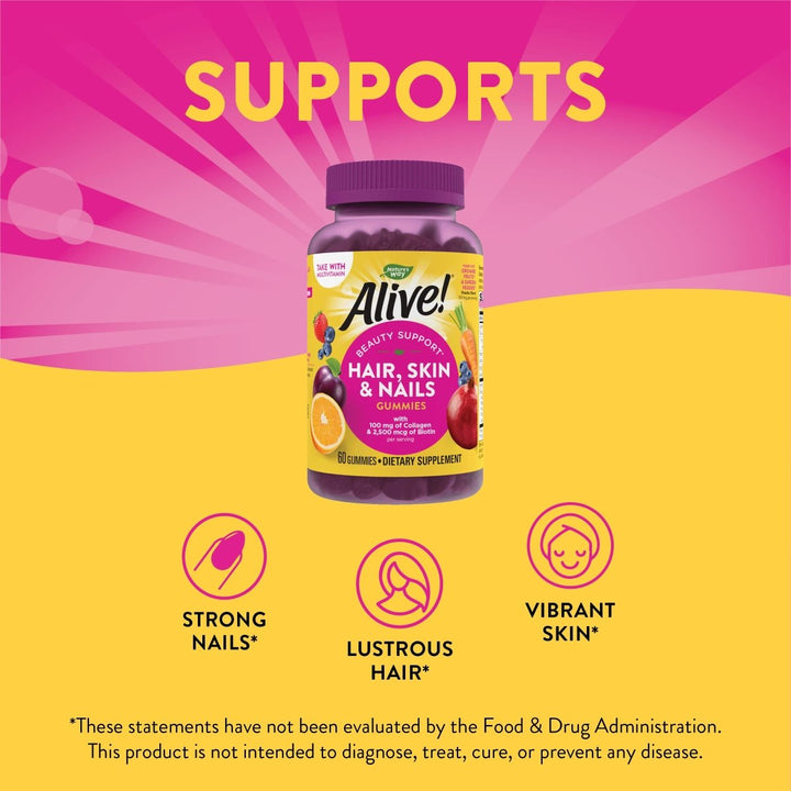 Nature's Way Alive! Hair, Skin & Nails Gummies, with Biotin and Collagen, Beauty Support*, 60 Strawberry Flavored Gummies - The Oasis of Health