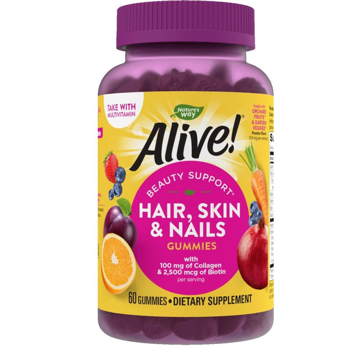 Nature's Way Alive! Hair, Skin & Nails Gummies, with Biotin and Collagen, Beauty Support*, 60 Strawberry Flavored Gummies - The Oasis of Health