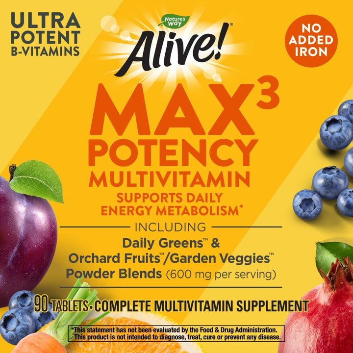 Nature's Way Alive! Max3 Potency Multivitamin, Support Daily Energy Metabolism*, No Added Iron, 90 Tablets - The Oasis of Health
