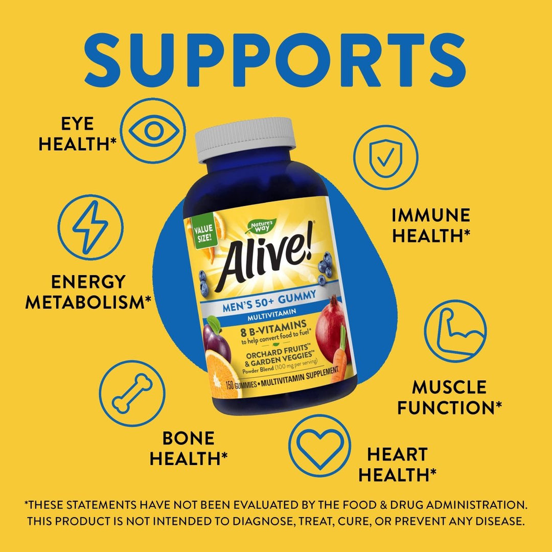 Nature?s Way Alive! Men?s 50+ Gummy Multivitamins, Supports Multiple Body Systems*, Supports Cellular Energy, B - Vitamins, Gluten - Free, Vegetarian, Fruit Flavored, 150 Gummie - The Oasis of Health