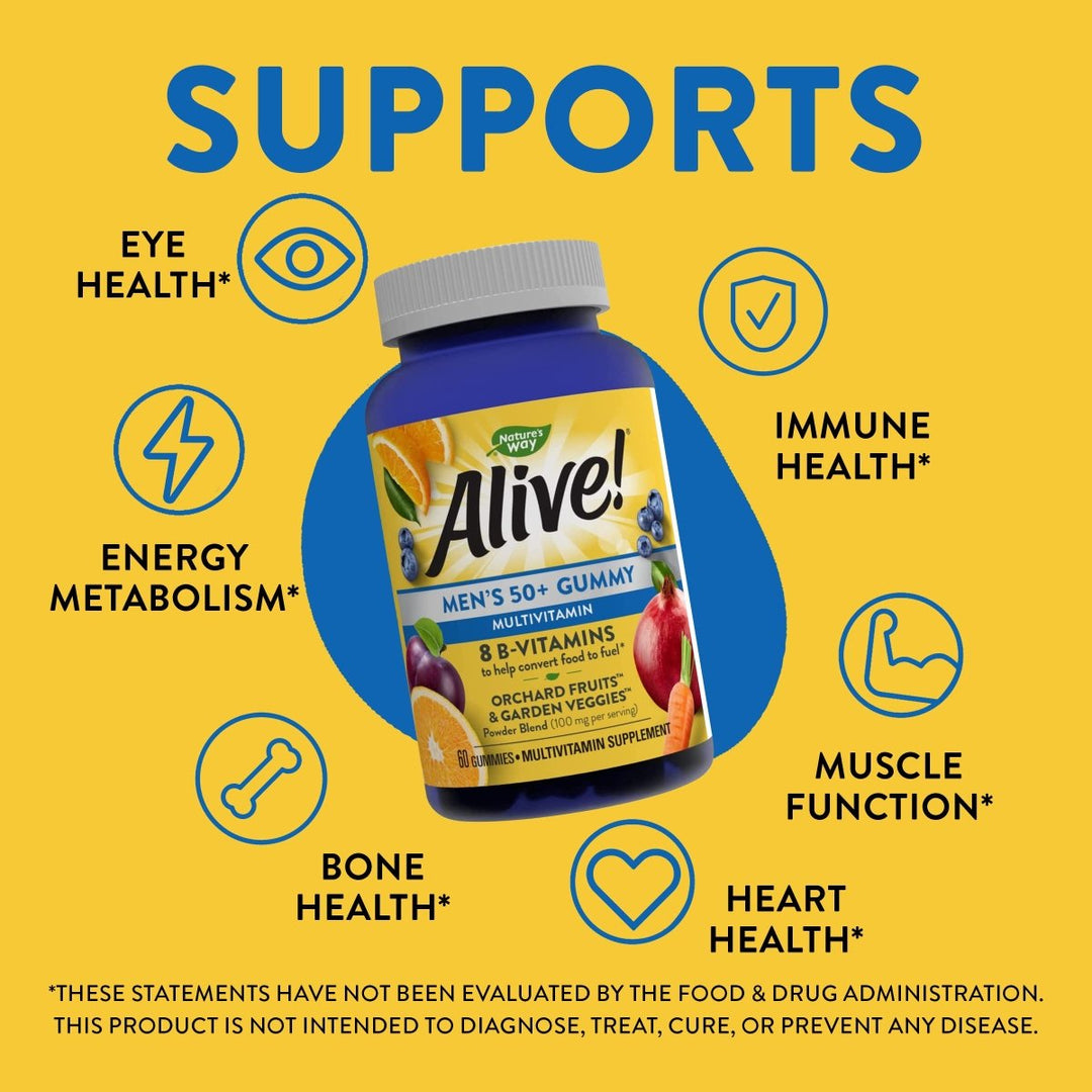 Nature?s Way Alive! Men?s 50+ Gummy Multivitamins, Supports Multiple Body Systems, Supports Cellular Energy, B - Vitamins, Gluten - Free, Vegetarian, Fruit Flavored, 60 Gummies - The Oasis of Health